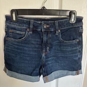 American Eagle Next Level Stretch Midi Denim Shorts • Size 4 • Dark Wash